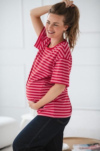 T-shirt do karmienia i ciąży Mamahood oversize z krytymi zamkami OEKO-TEX Milk&Love czerwono-różowe paski