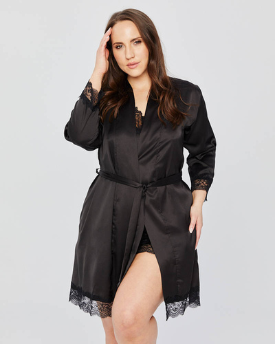 Szlafrok satynowy z koronką plus size Mona black