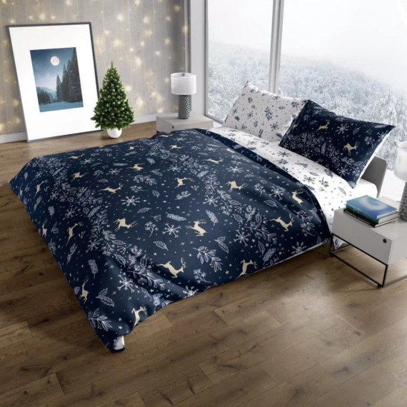 Scandic 068 Scandic Faro biała granatowa renifery  – pościel świąteczna dwustronna, bawełna 100%, komplet 