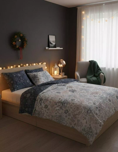 Scandic 077 Scandic Faro biała i granatowa w śnieżynki – pościel świąteczna dwustronna, bawełna 100%, komplet