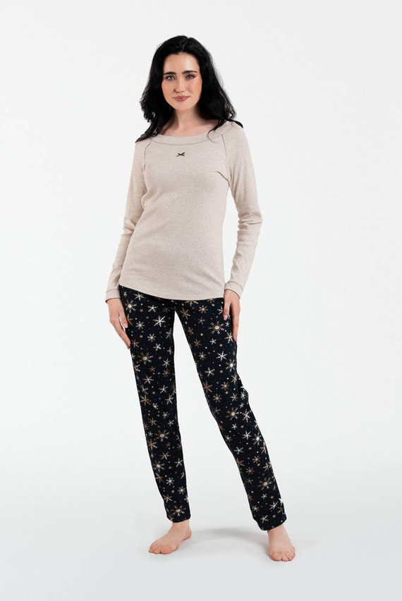 Piżama Damska długi rękaw, długie spodnie Denali Italian Fashion - beżowy melanż/druk