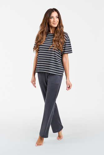 Piżama Damska krótki rękaw, długie spodnie Betty Italian Fashion - druk grafitowy/grafitowy