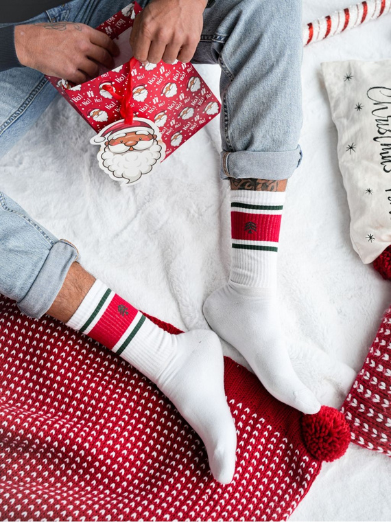 Skarpety świąteczne męskie Milena 1290.040 – prążek z choinką, biały