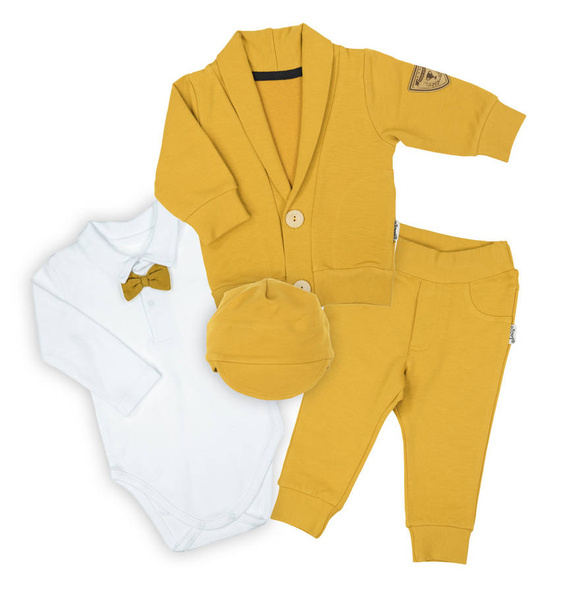 Komplet czapka, bluza, body i spodnie 169405 "Mix" Nicol - musztardowy