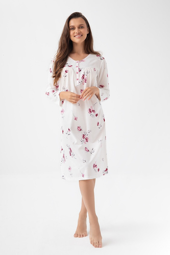 Damska koszula nocna Luna 338 – ecru, bawełna, guziki, długi rękaw