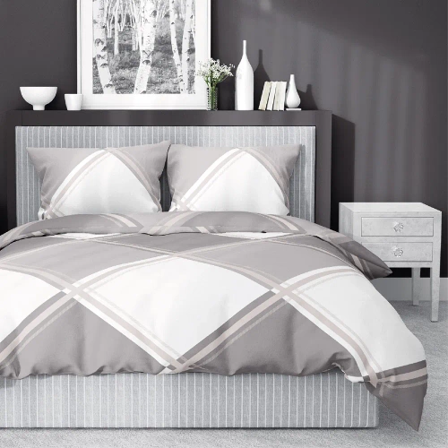 Pościel satynowa krata 4683 A Home Satin Detexpol beżowy  