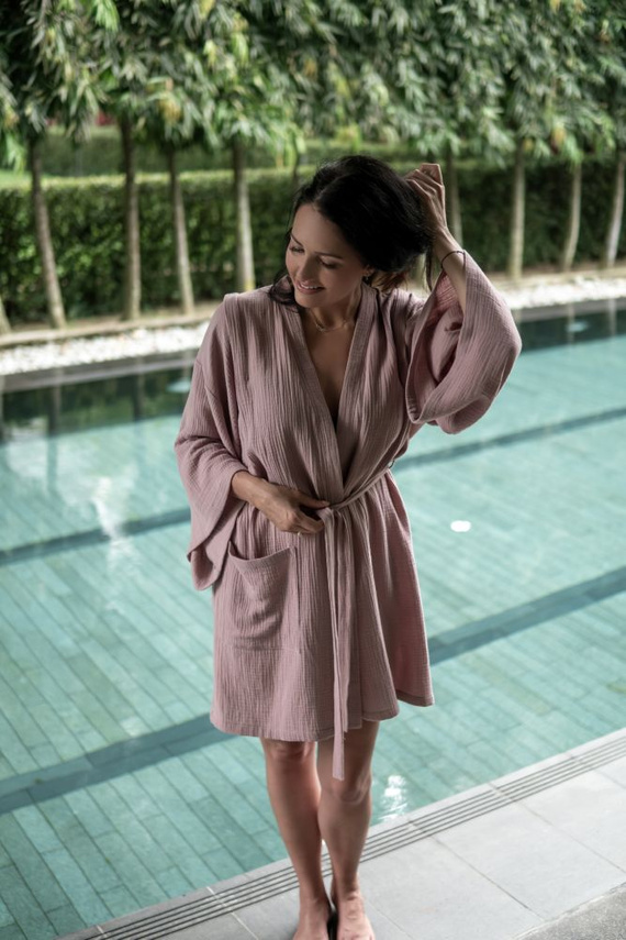 Szlafrok muślinowy kimono Makaszka | Naturalna 100% bawełna, stylowy i lekki