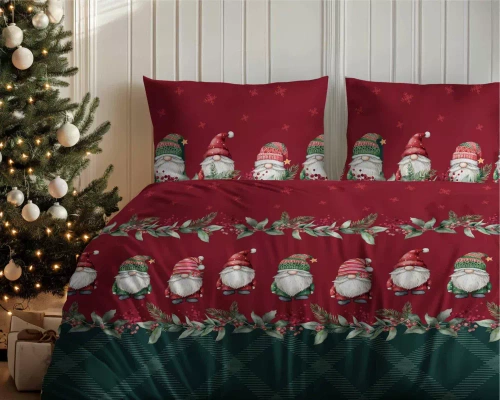 5618 B Magia Świąt Detexpol Pościel świąteczna flanelowa w skrzaty na bordowo-zielonym tle– bawełna 100%, certyfikat OEKO-TEX®