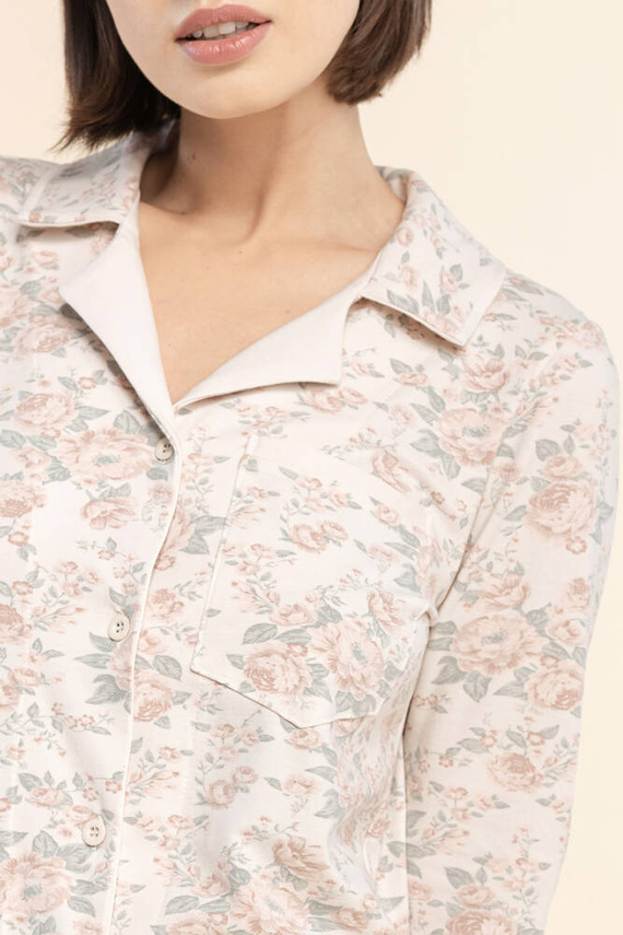 Koszula nocna rozpinana 40 Bonamera beżowy z nadrukiem w kwiaty