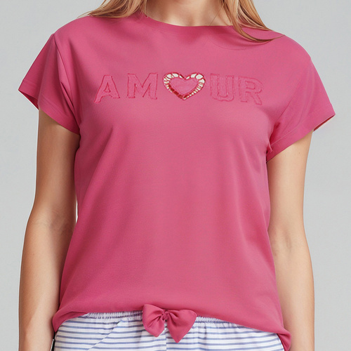 Piżama damska Juliana Sorbetto różowa – bawełniana, z haftem i spodniami w paski