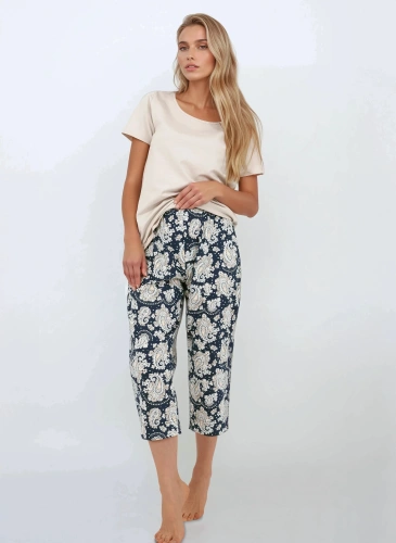 Komplet piżamowy Navy Charm Momenti Per Me – bawełna, krótki rękaw i spodnie 7/8