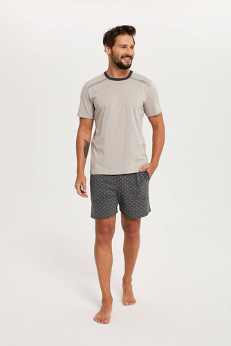 Piżama Męska krótki rękaw, spodenki Abel Italian Fashion - beżowy/druk