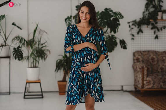 Sukienka do karmienia ciążowa Two Ways MIDI Milk&Love miętowa granatowa w listki