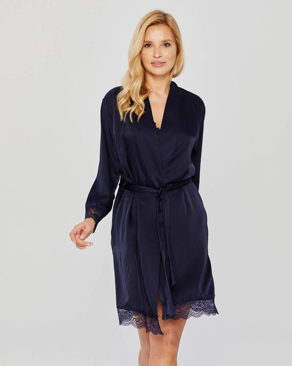 Szlafrok satynowy z koronką Mona navy blue 