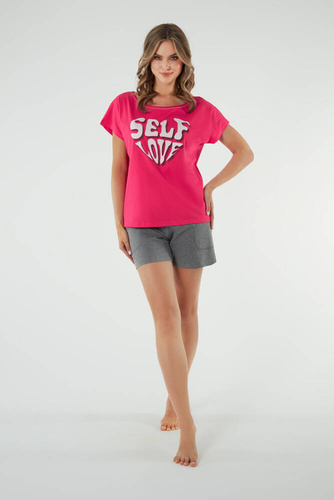 Piżama Damska krótki rękaw, spodenki Selfie Italian Fashion - amarant/melanż