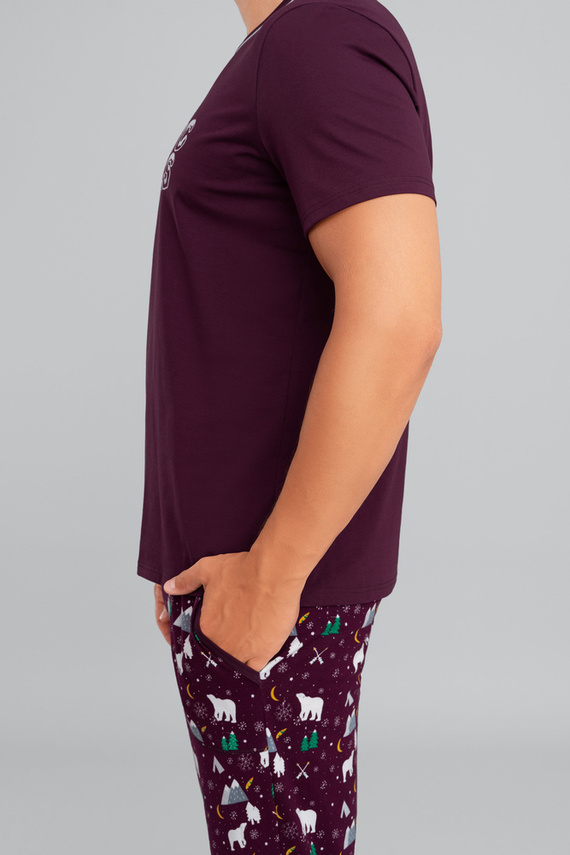 Piżama Męska krótki rękaw, długie spodnie Manfred Italian Fashion - burgund/druk burgund