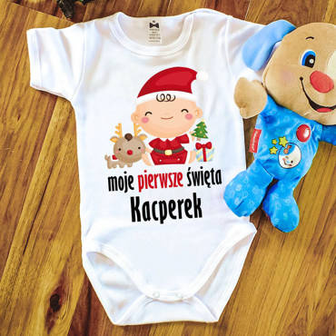 Body krótki rękaw "Moje pierwsze Święta z imieniem"" Moocha biały