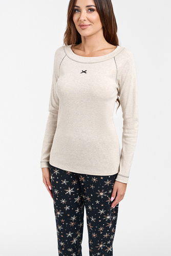 Piżama Damska długi rękaw, długie spodnie Denali Italian Fashion - beżowy melanż/druk