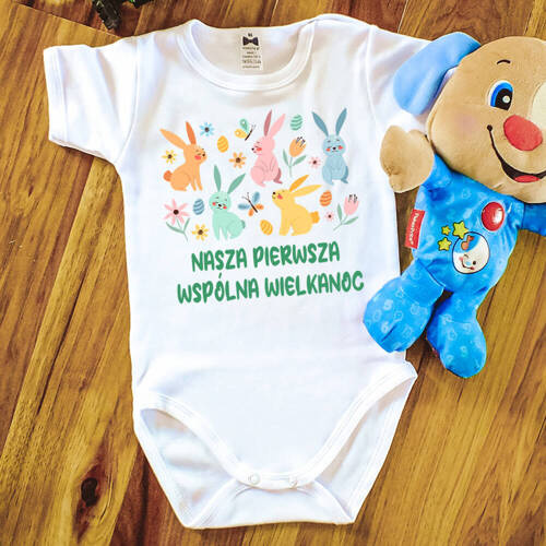 Body krótki rękaw "Nasza pierwsza wspólna WIelkanoc" Moocha biały