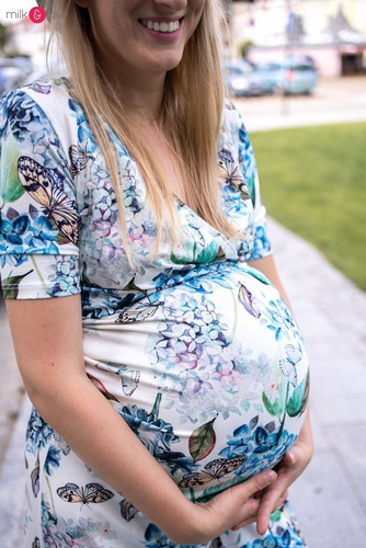 Two Ways LONG Sukienka do karmienia ciążowa krótki rękaw Milk&Love miętowa w magnolie i ptaki