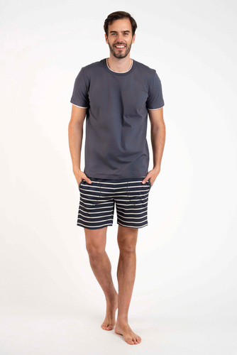 Piżama Męska krótki rękaw, spodenki Lars talian Fashion - grafitowy/druk grafitowy