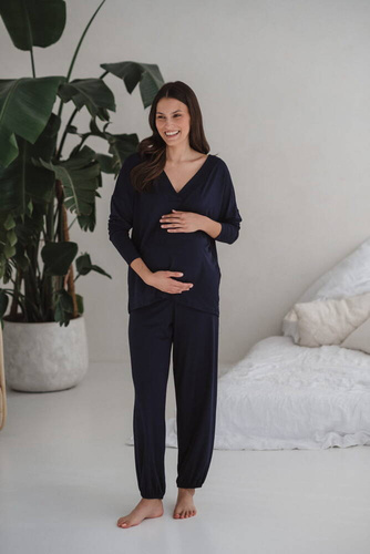 Bambusowe spodnie od piżamy ciążowej długie Moon Milk&Love granatowy