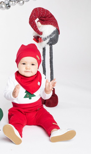 163051 Komplet czapka, body, apaszka i spodnie "Magia Świąt" Nicol - bordo / choinka