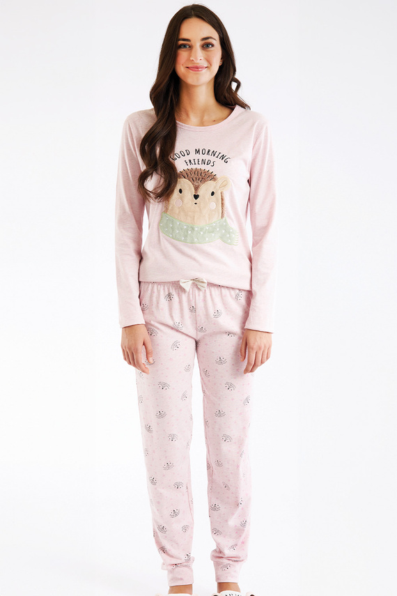 Piżama damska Antea Sorbetto różowa – jersey, z aplikacją 3D, długa, różowa