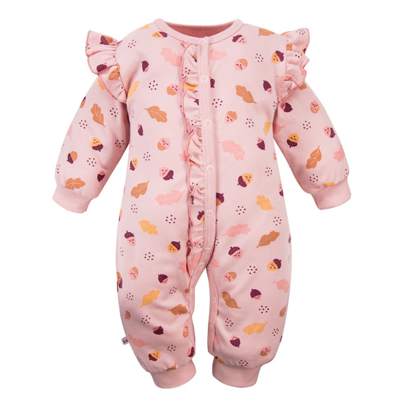 Pajac bawełniany EEVI Fluffy Tails druk róż – bez stópek, zapięcie na napy