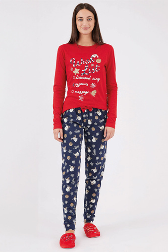 Sorbetto Natalie czerwona  – świąteczna piżama damska bawełniana w śnieżynki