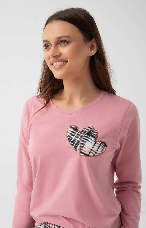 Luna 322 różowa – bawełniana piżama damska, serduszka i spodnie w kratkę