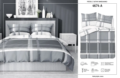 Pościel satynowa 4674 A Home Satin krata Detexpol szary 