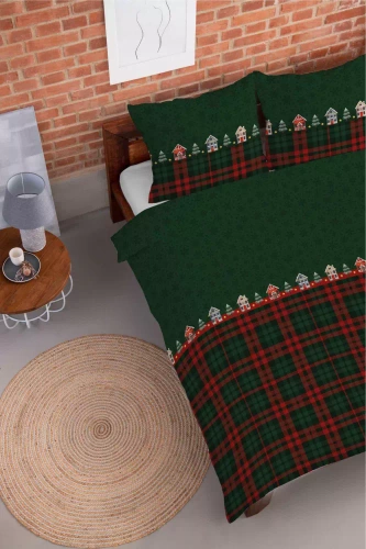 5619 B Magia Świąt Detexpol Pościel świąteczna flanelowa zielona w domki i kratę– bawełna 100%, certyfikat OEKO-TEX®