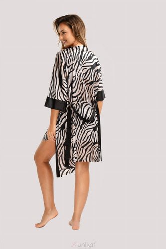 Unikat Braga – satynowy szlafrok damski zebra, elegancki, z czarną lamówką