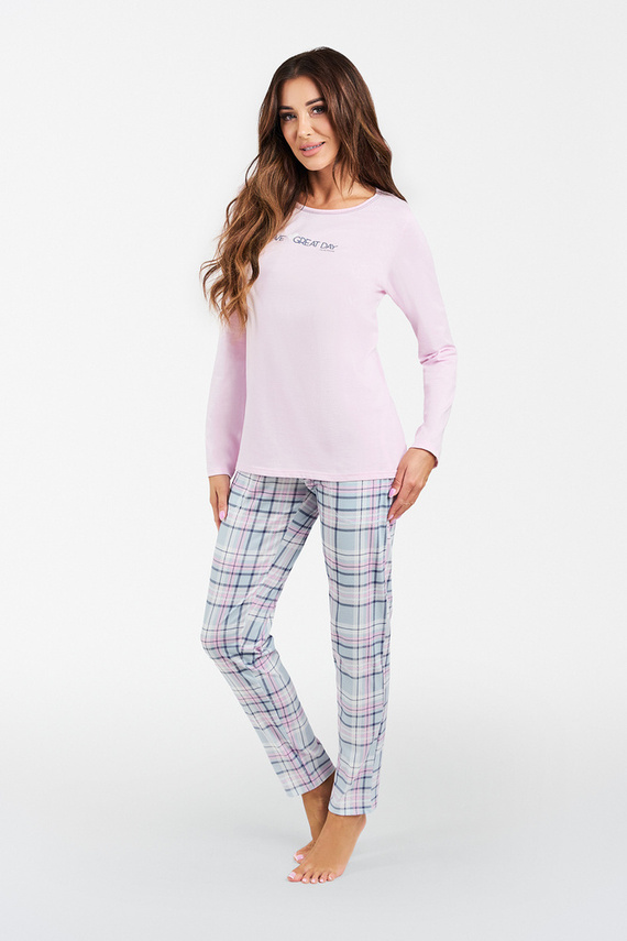 Piżama Damska długi rękaw, długie spodnie Glamour Italian Fashion - różowy/druk