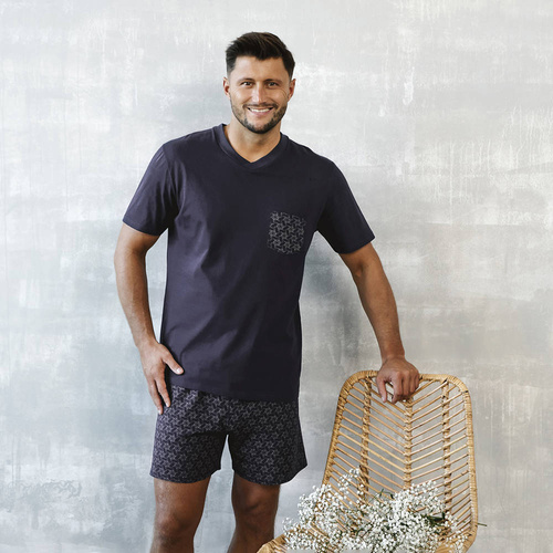 Piżama Męska krótki rękaw, spodenki Diaz Italian Fashion - granatowy/druk