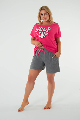 Piżama Damska krótki rękaw, spodenki Selfie Italian Fashion - amarant/melanż