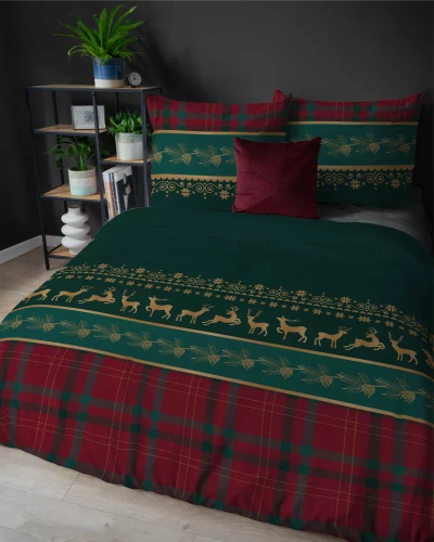 5620 A Magia Świąt Detexpol Pościel świąteczna flanelowa zielona z reniferami i kratą– bawełna 100%, certyfikat OEKO-TEX®