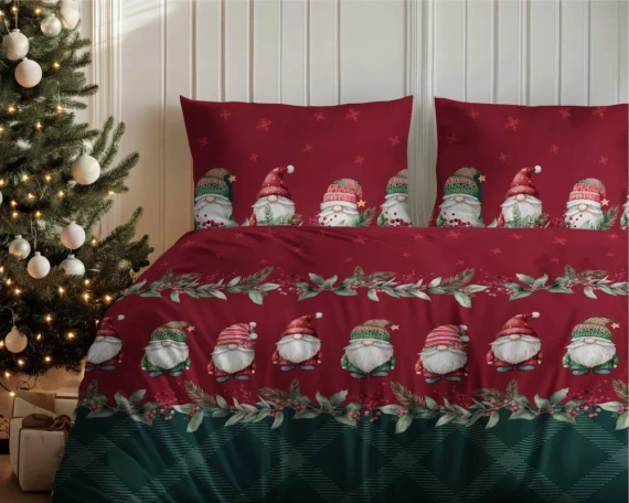 5618 B Magia Świąt Detexpol Pościel świąteczna flanelowa w skrzaty na bordowo-zielonym tle– bawełna 100%, certyfikat OEKO-TEX®