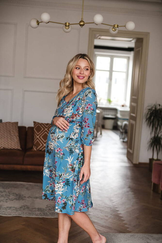 Sukienka ciążowa i do karmienia Lovely Dress Midi rękaw 3/4 Milk&Love błękitna w kwiaty