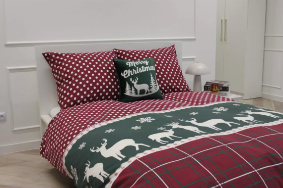 Świąteczna pościel Xmass 100% bawełna – renifery kratka groszki czerwona zielona, komplet z zamkiem Spod Igły i Nitki