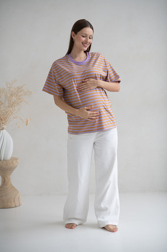 T-shirt do karmienia i ciąży Mamahood oversize z krytymi zamkami OEKO-TEX Milk&Love miodowo-liliowe paski