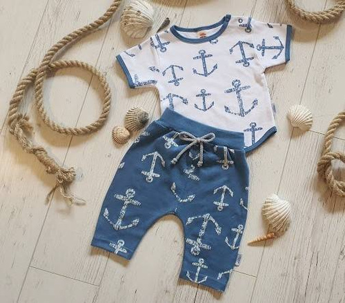 Spodnie niemowlęce 3/4 "BLUE SEA" Makoma niebieski kotwice