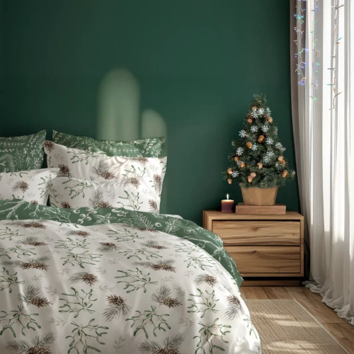 Scandic 083 Scandic Faro biała i zielona z szyszkami– pościel świąteczna dwustronna, bawełna 100%, komplet 