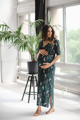 Two Ways LONG Sukienka do karmienia ciążowa krótki rękaw Milk&Love butelkowa zieleń w gałązki