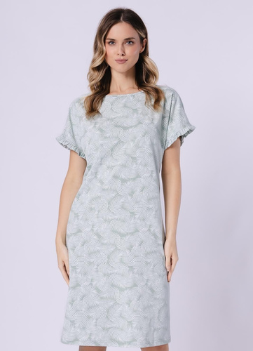 Bawełniana koszula nocna damska Elif 1728 – 100% bawełna, krótki rękaw z falbanką, wygodna koszula nocna przed kolano na lato