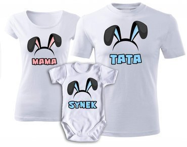 Zestaw koszulek rodzinnych "MAMA TATA SYN – na Wielkanoc"  Moocha biały
