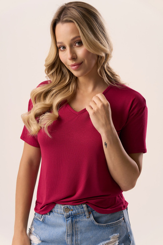 Serina Bluzka Babell bordowa – wiskoza, krótki rękaw, dekolt V | stylowa i wygodna