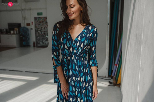 Sukienka do karmienia ciążowa Two Ways MIDI Milk&Love miętowa granatowa w listki