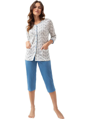 Piżama damska rozpinana 668 LUNA - biały-niebieski w kwiaty